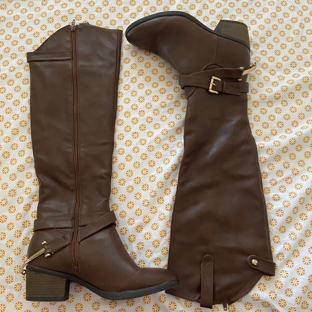 Knee high brown heeled boots